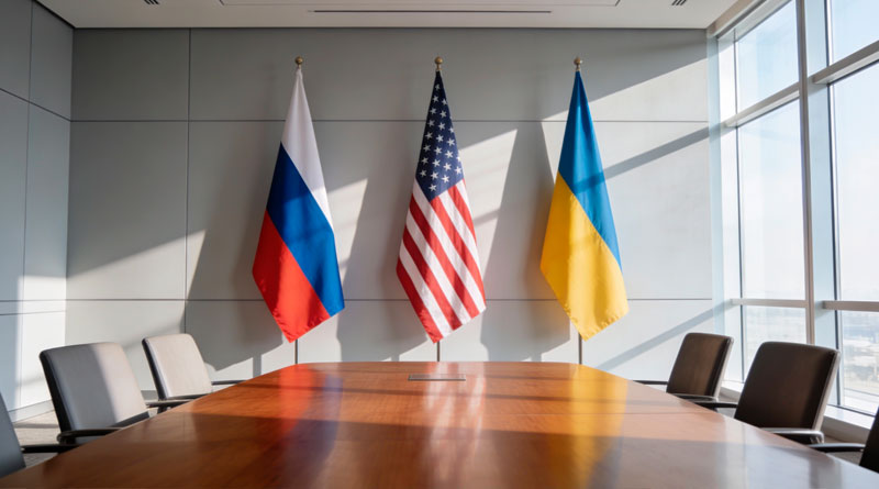 Флаги России, США и Украины