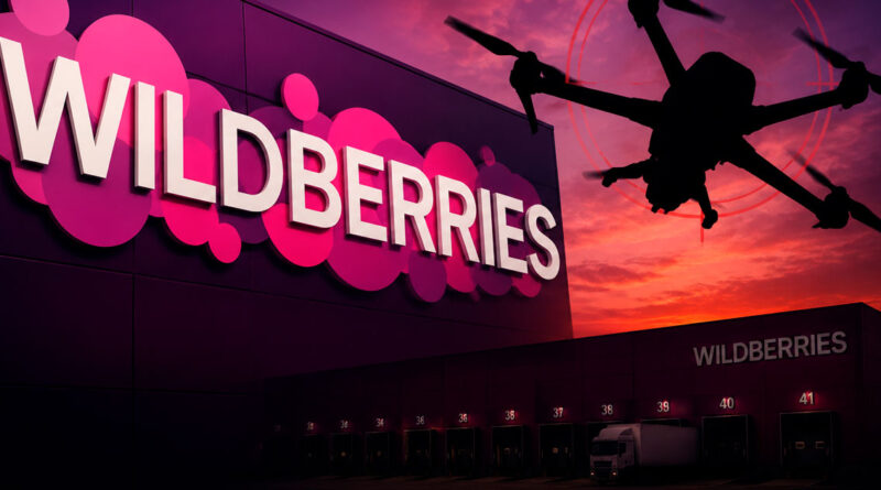 Иллюстрация: логотип Wildberries и силуэт беспилотника на фоне логистического комплекса